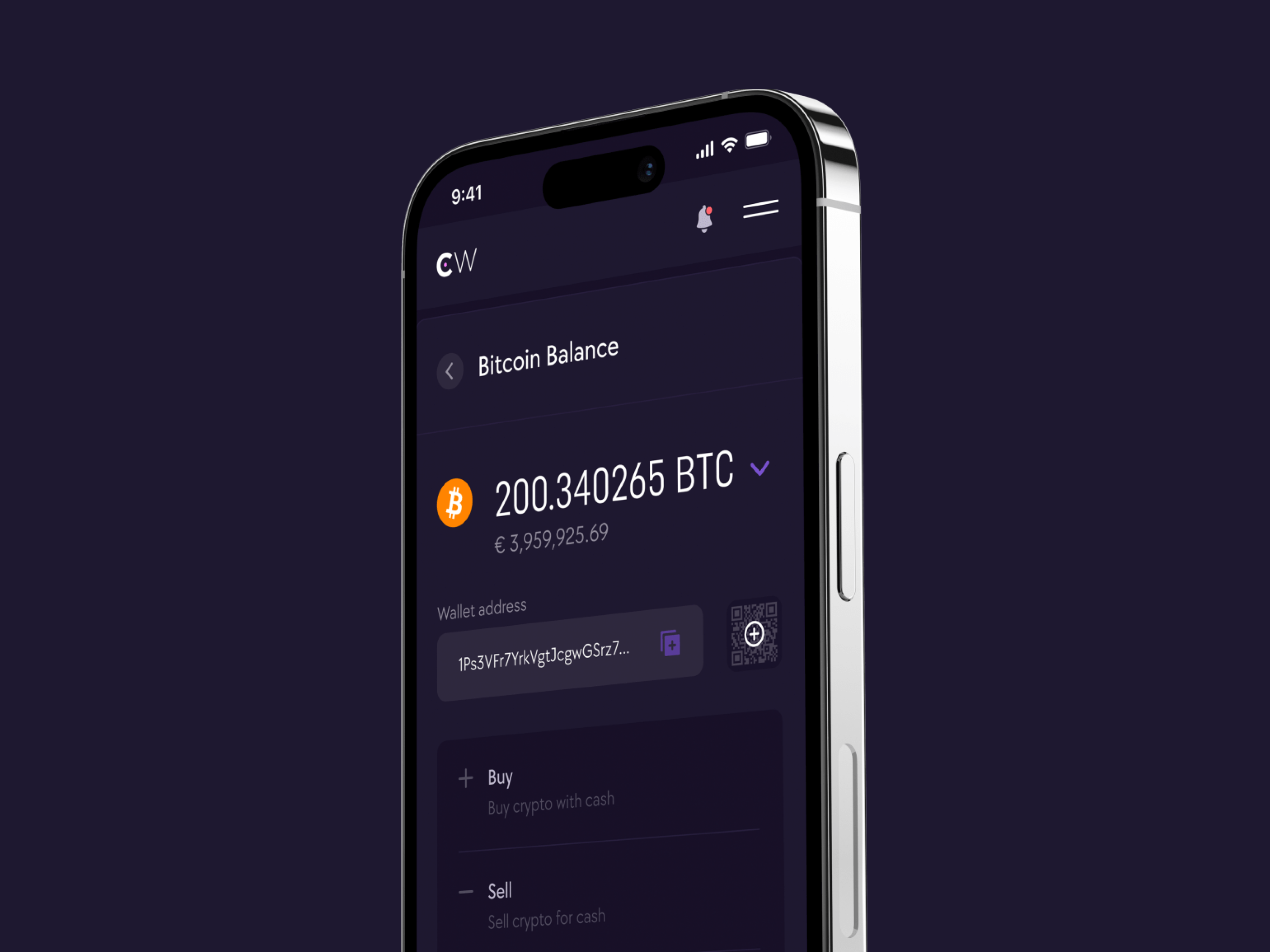 CryptoWallet.com mobile wallet interface for Bitcoin balance, address, buy and sell actions, and insured crypto spending