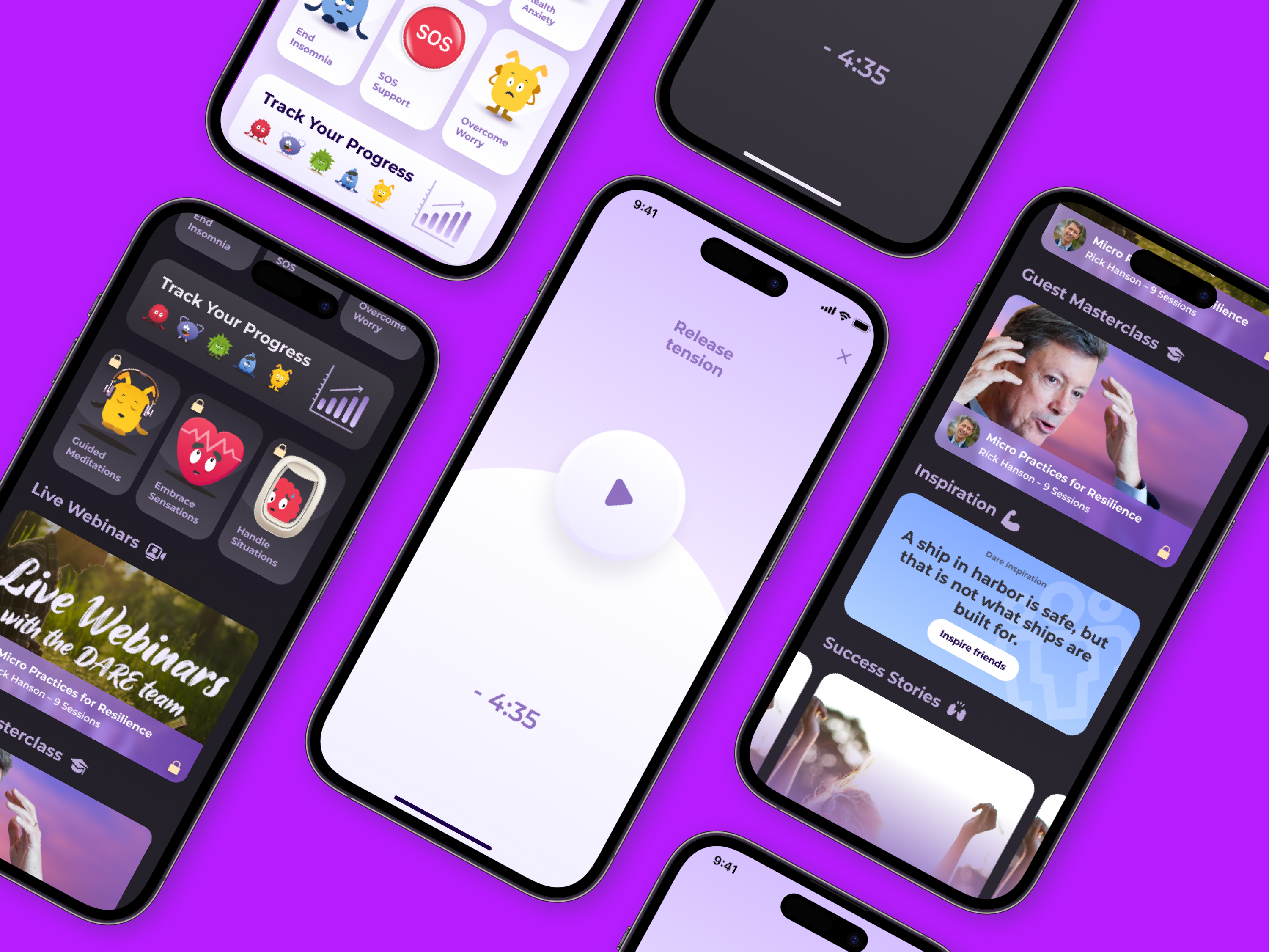 DARE mental health mobile app interface with anxiety audio guides, progress tracking, and SOS support