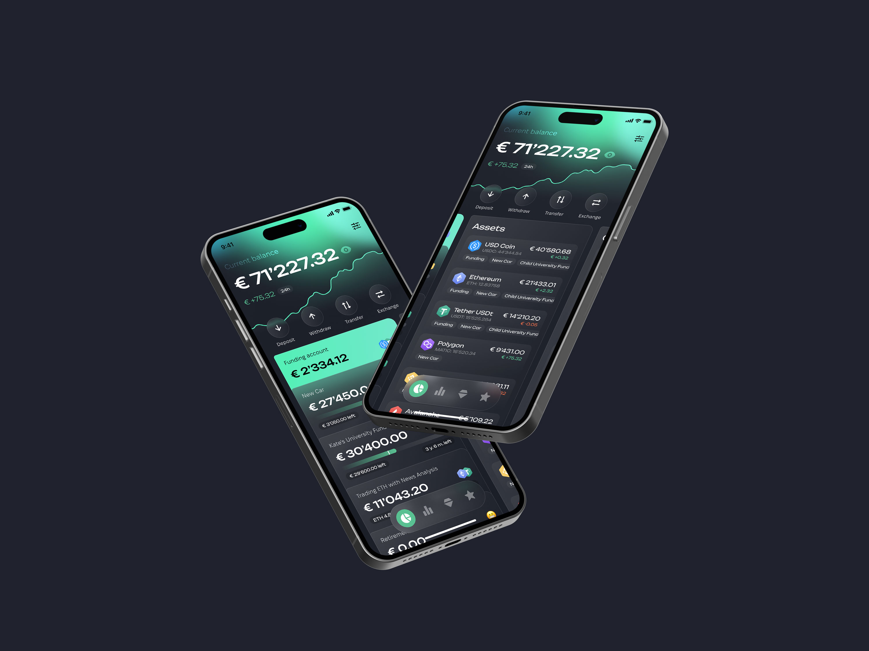 GoalBlock DeFi mobile app interface with portfolio balance, asset list, deposits, withdrawals, transfers, and exchange actions