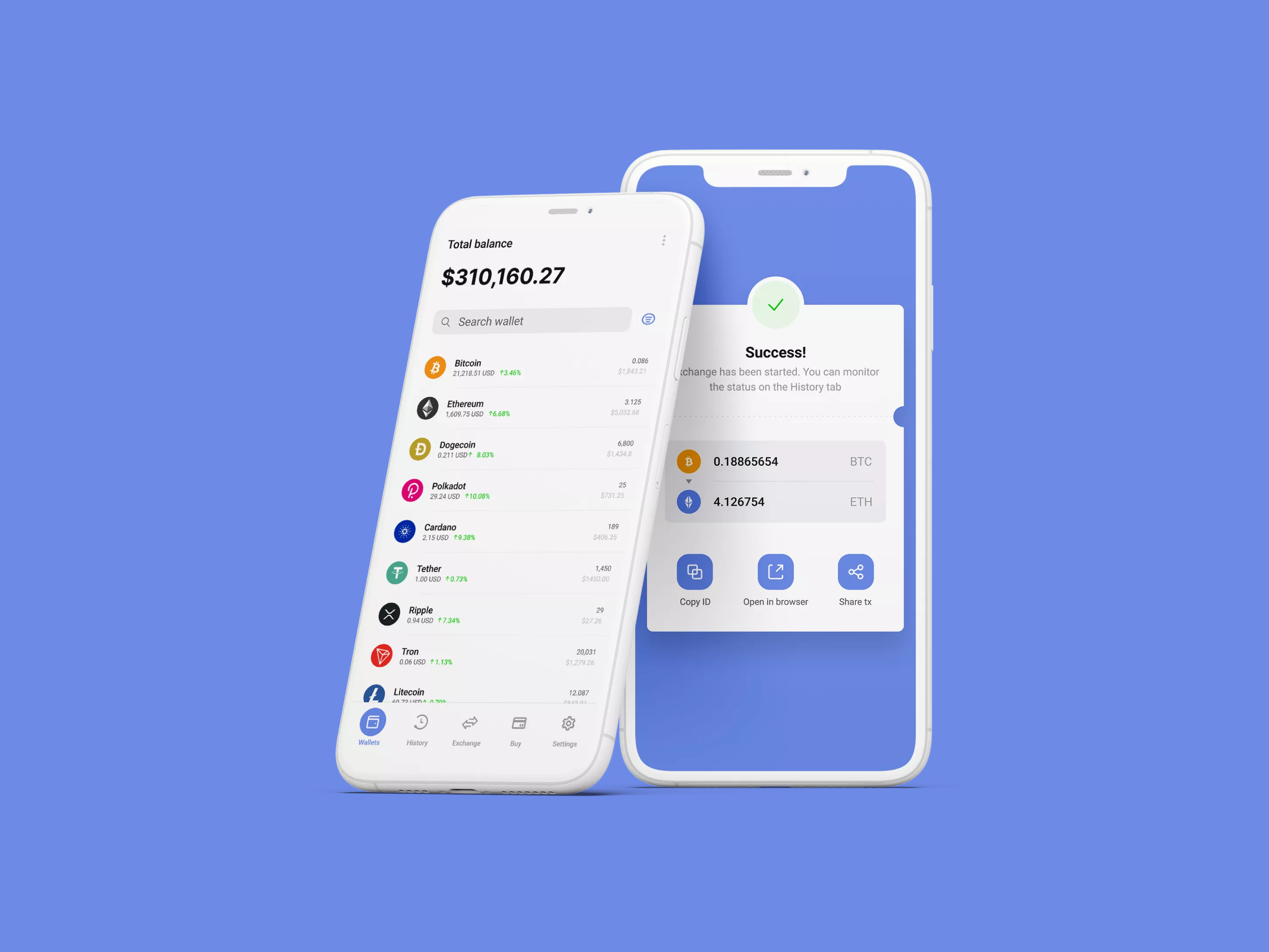 Guarda Crypto Wallet mobile app interface for multi-currency wallet balance, exchange status, and transaction actions
