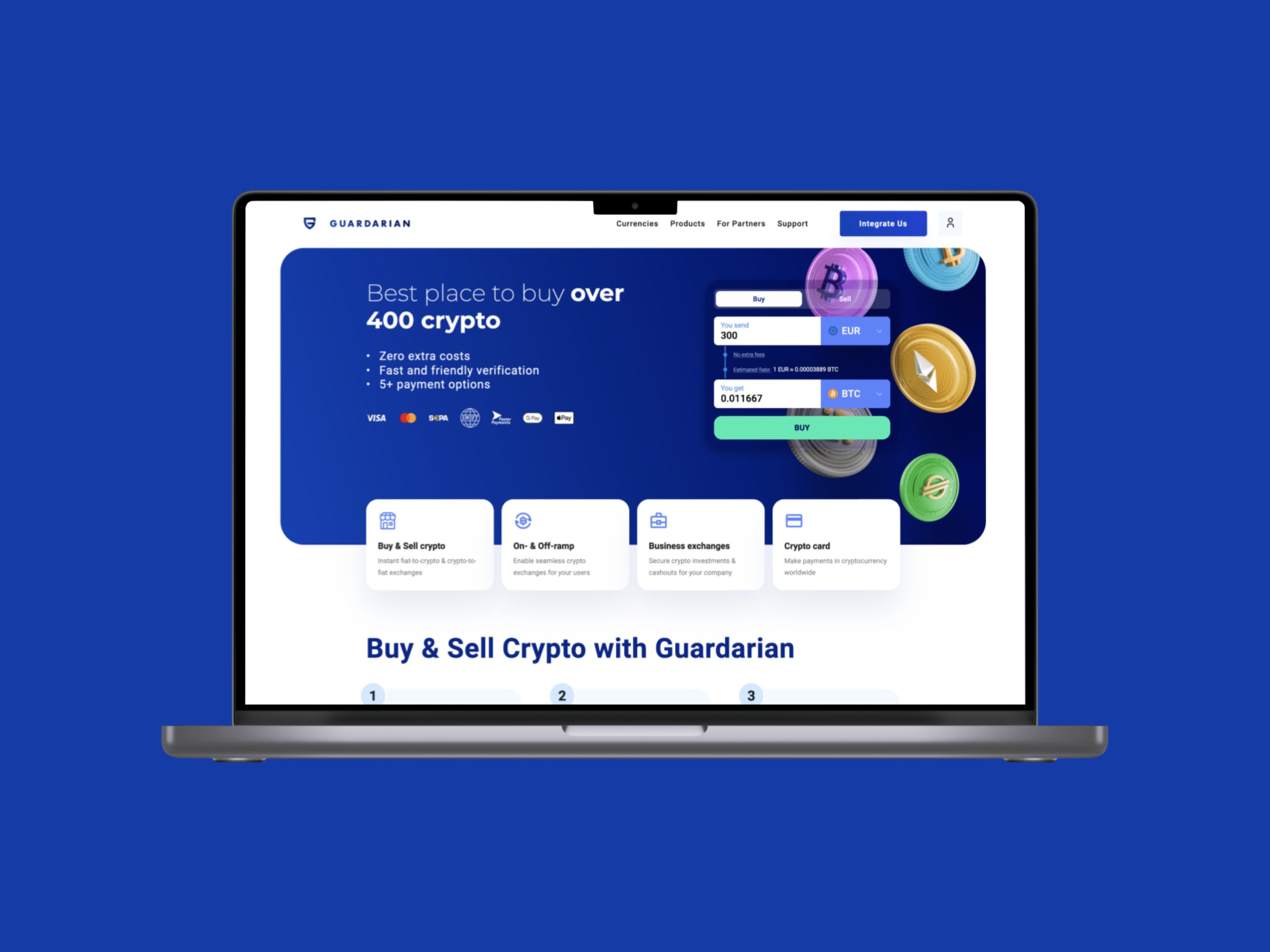 Guardarian crypto platform website interface for buying, selling, card products, widget integration, and API tools