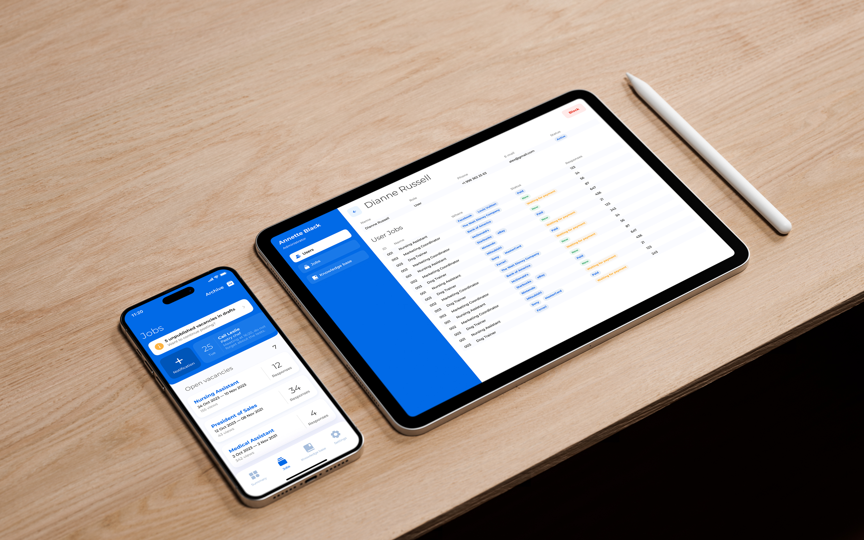 HireEase mobile and tablet hiring app interface for job postings, candidates, statistics, and knowledge base