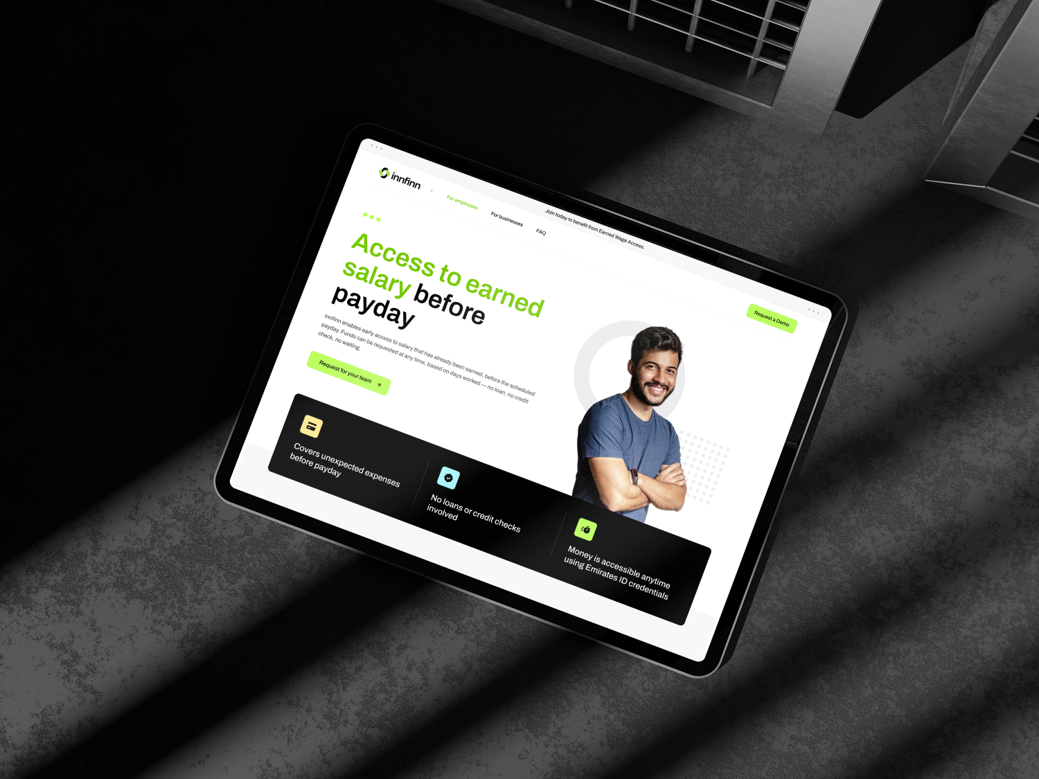 InnFinn earned wage access website interface for salary advances, employee financial wellbeing, and employer payroll flows