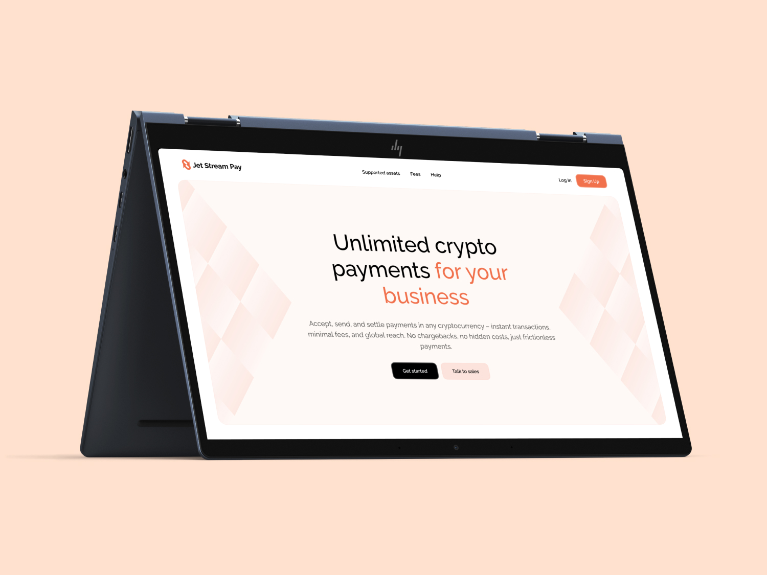 JetStream Pay crypto payments website interface for business payments, supported assets, fees, and account access