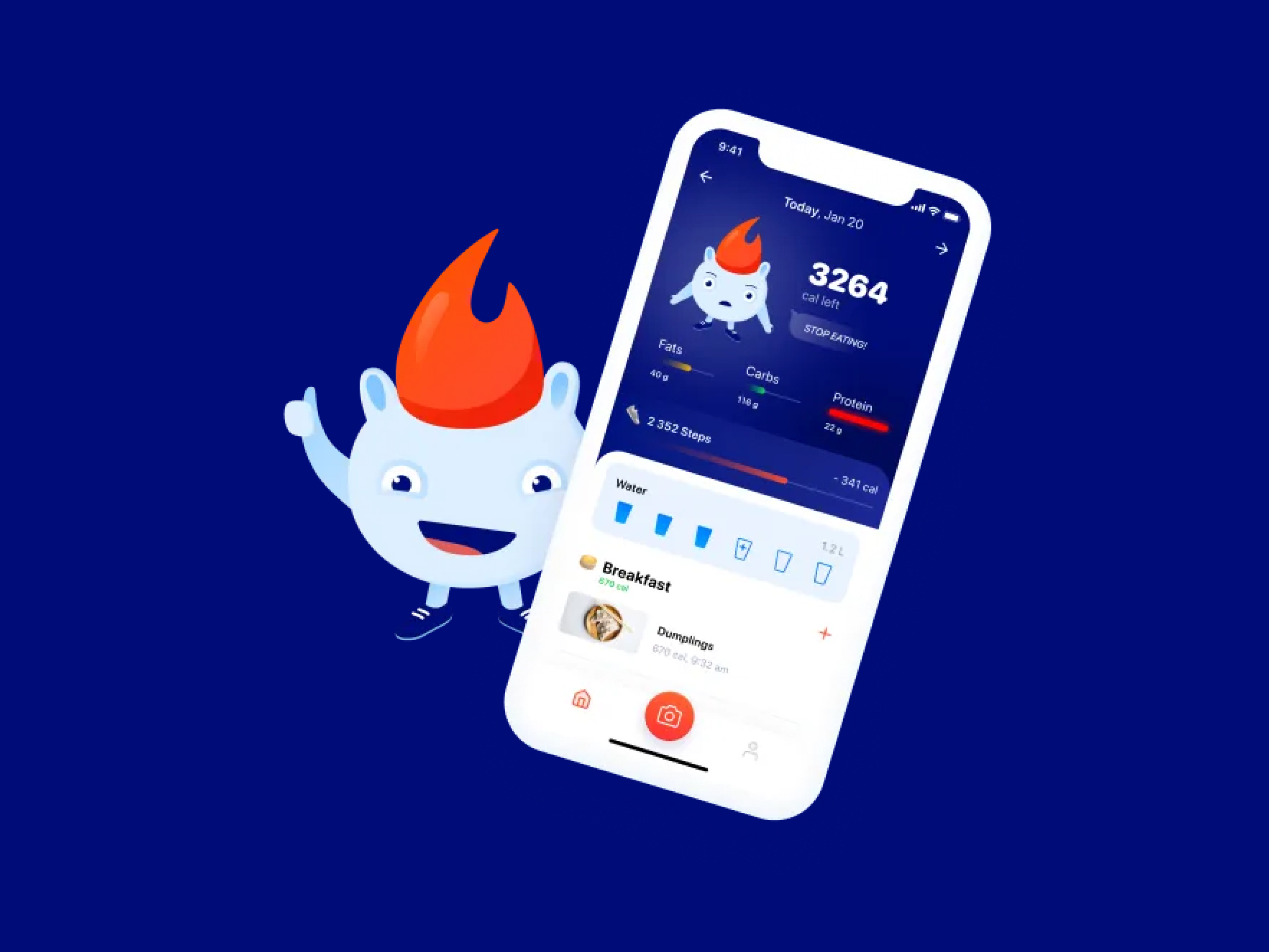 Keto mobile meal tracking app interface with calories, macros, water intake, and food logging