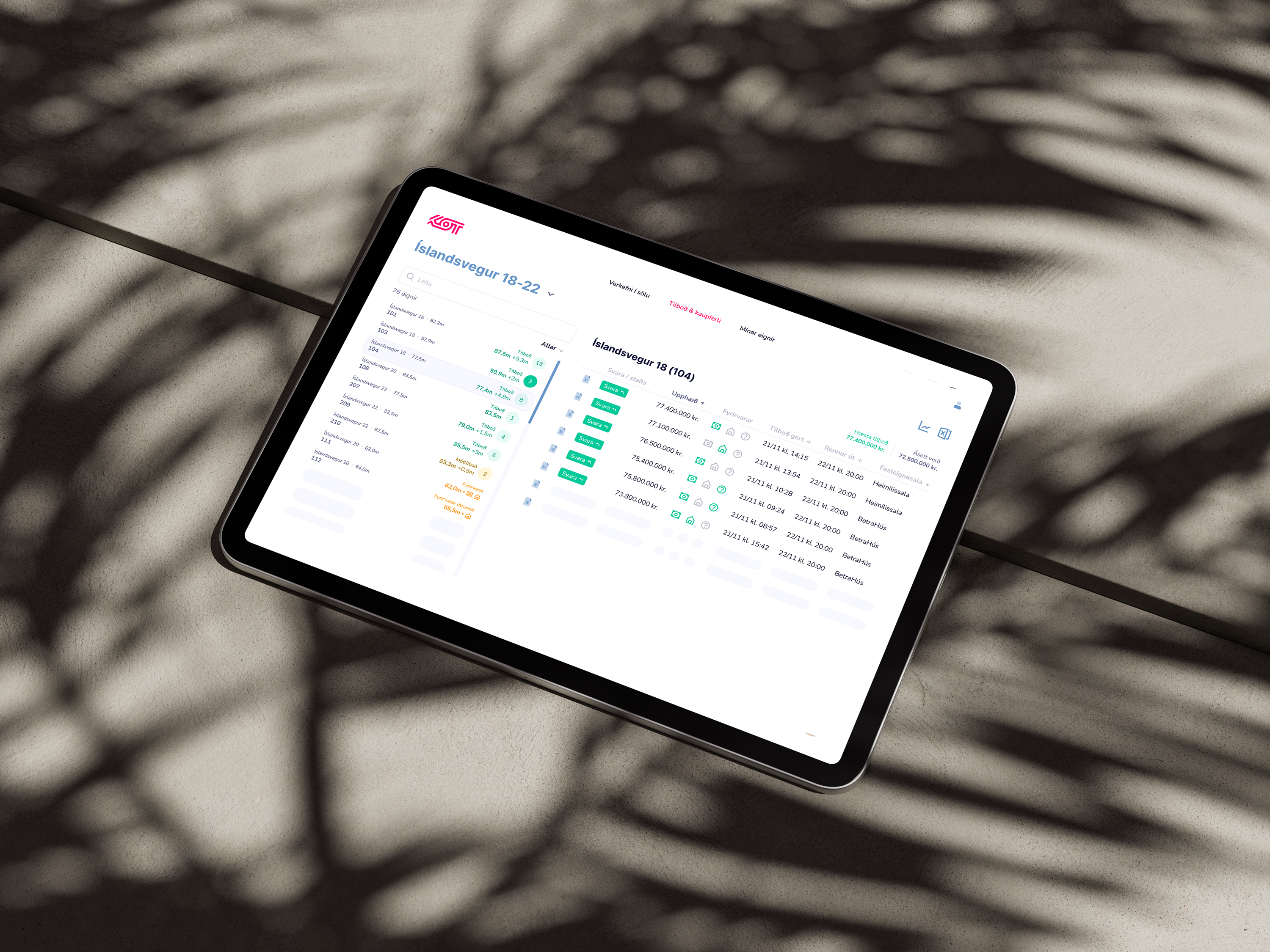 KOT real estate transaction platform interface for bids, offers, buyers, property status, and settlement workflows