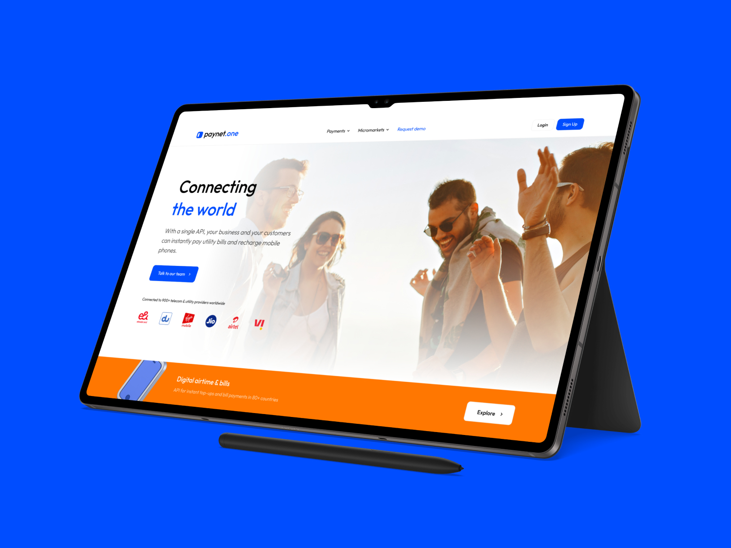 Paynet.one fintech website interface for API payments, mobile top-ups, utility bills, kiosks, and POS terminals