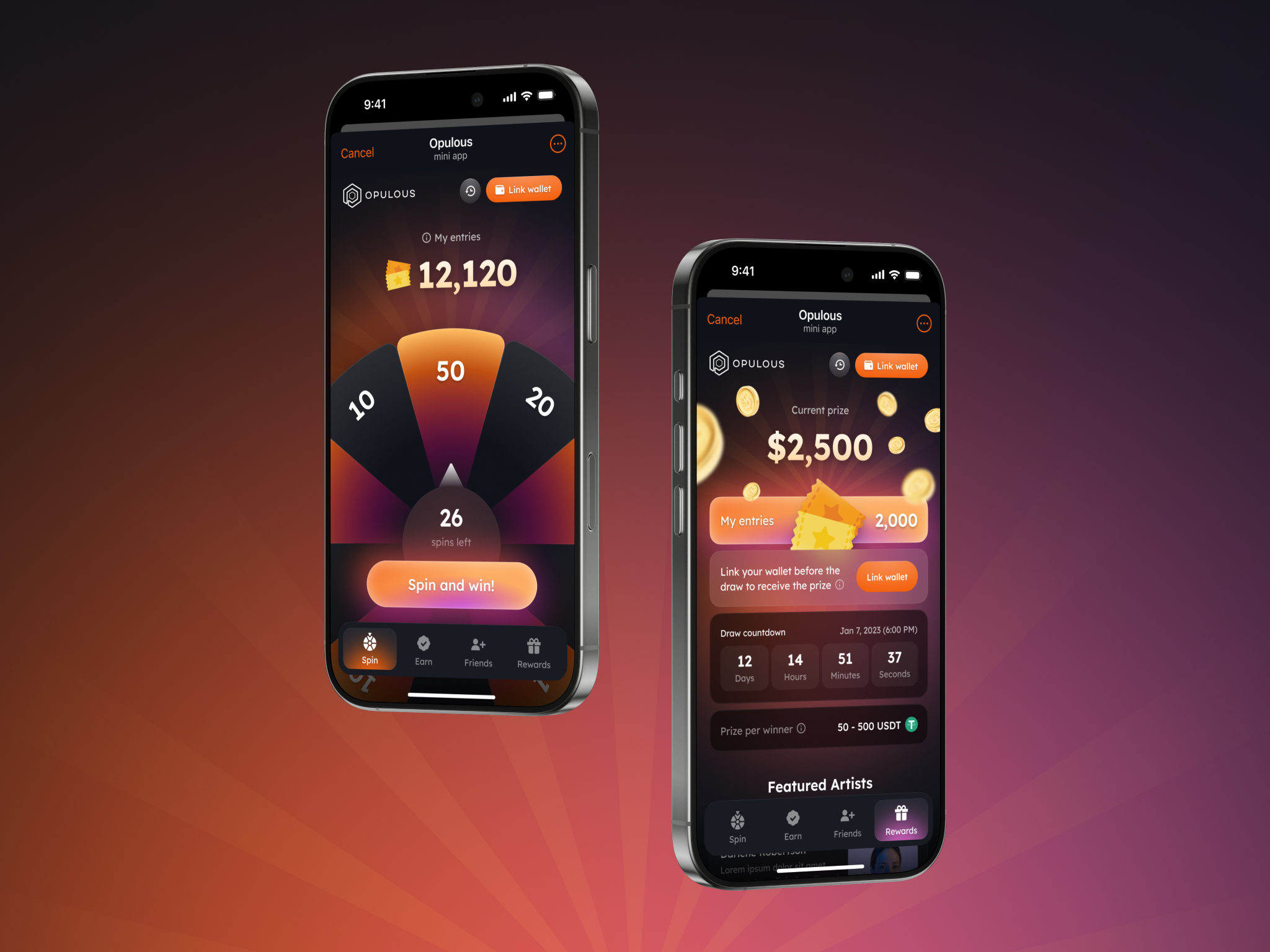 Opulous Telegram mini app interface for browsing music drops, token balances, and rewards