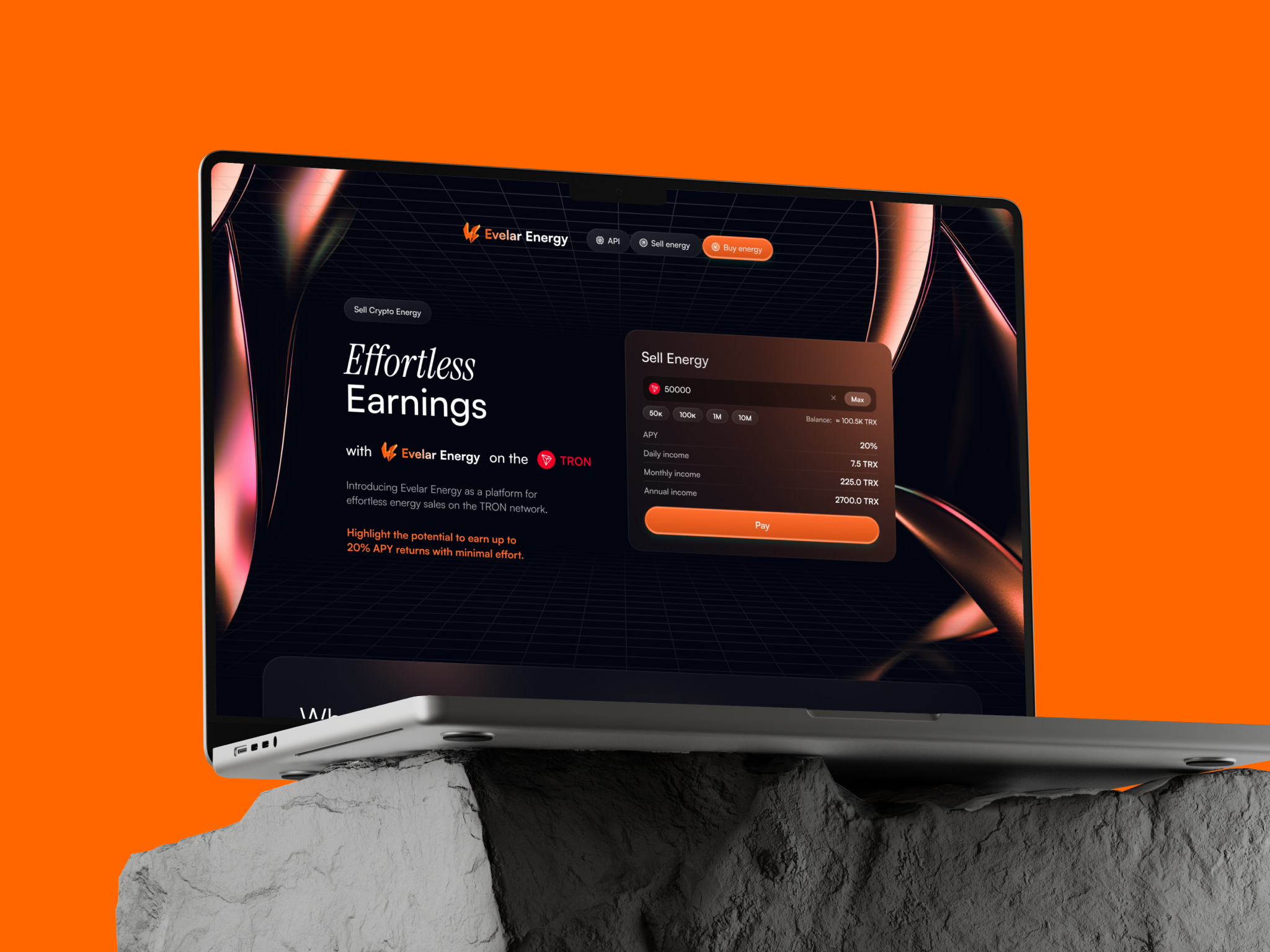 Evelar Energy website interface for TRON energy, TRX staking, and crypto API products