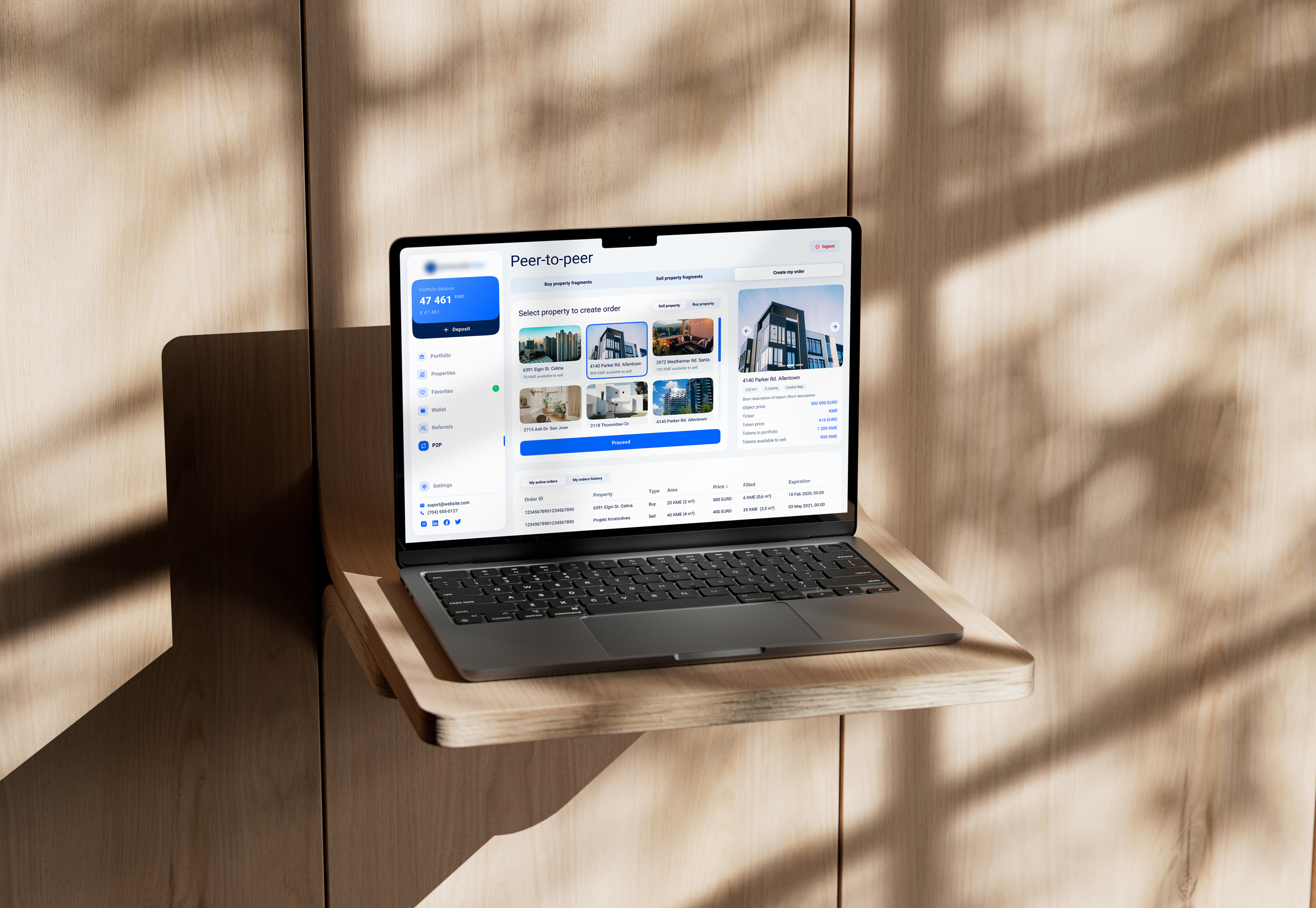 Propertize tokenized real estate web app interface for property investing, wallet, and peer-to-peer transactions