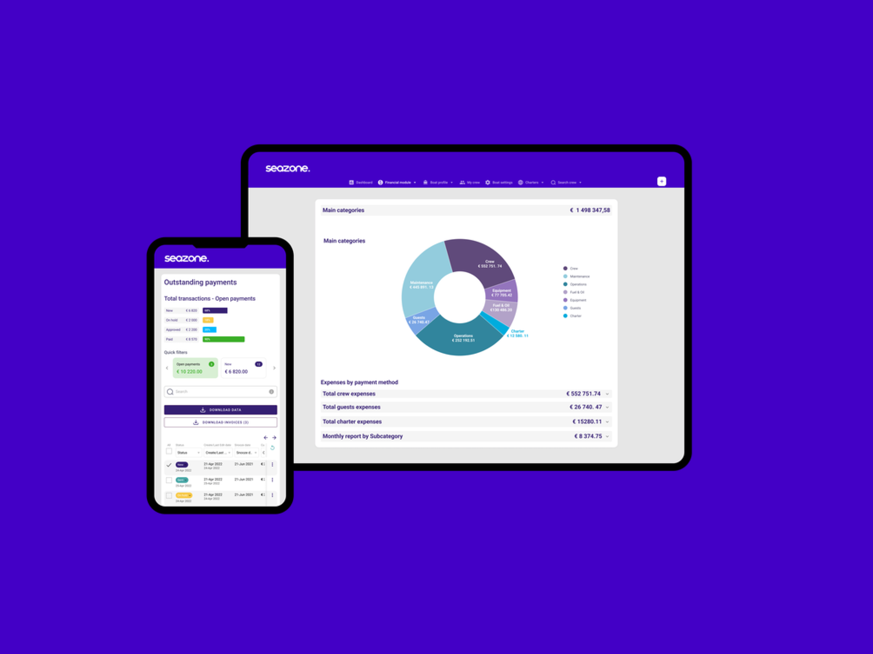 Seazone yacht fleet management SaaS dashboard with financial module and boat management screens