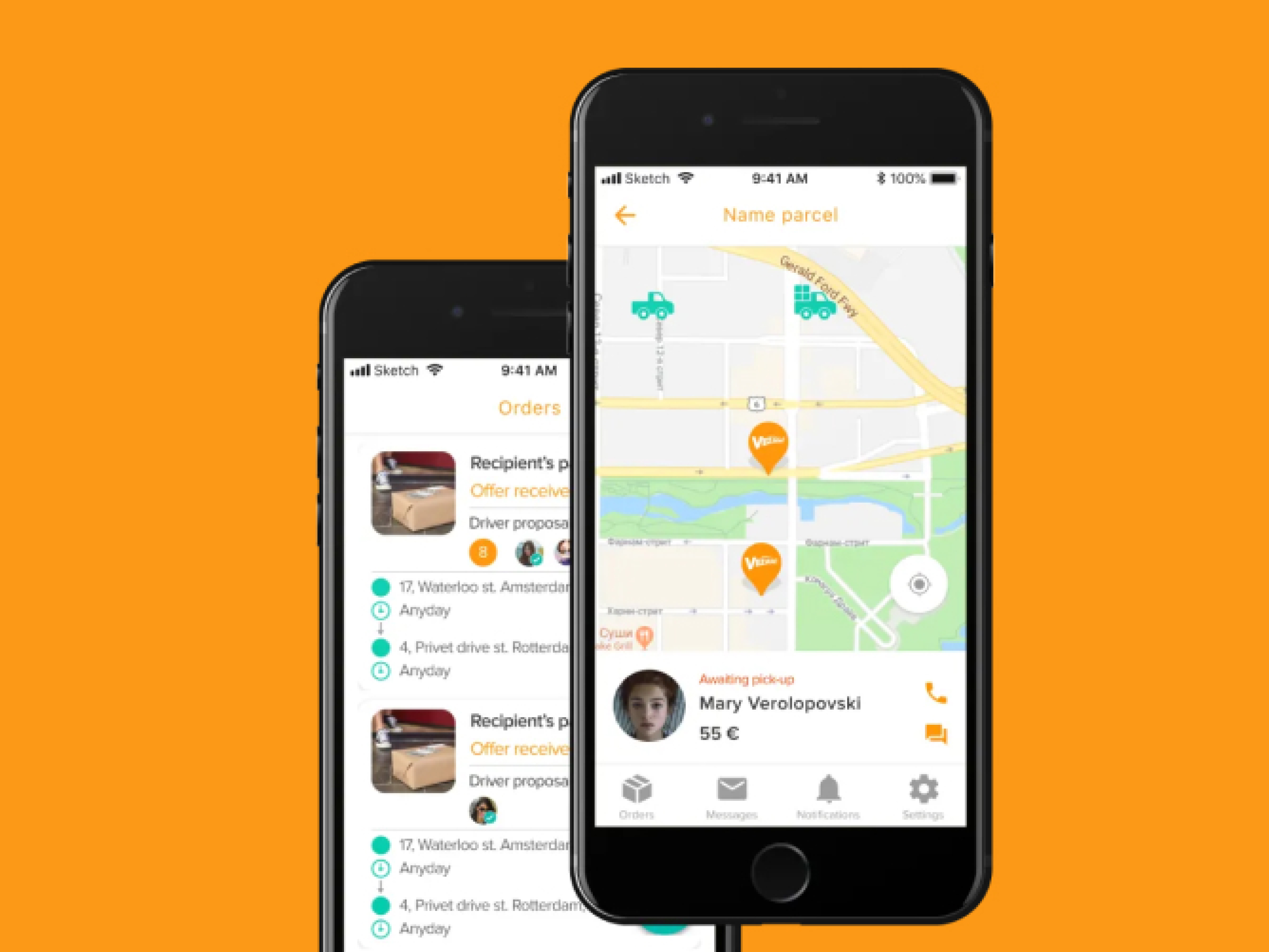Vezam mobile delivery app interface for parcel orders, courier proposals, and map tracking